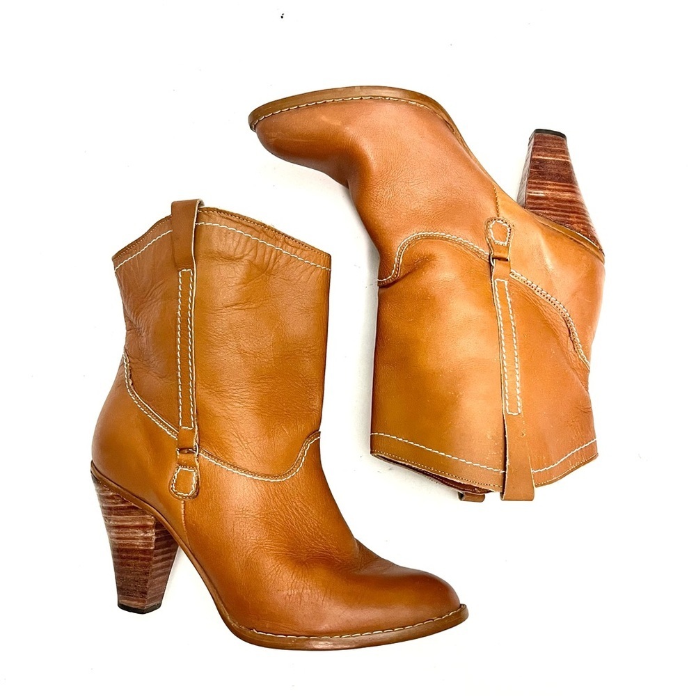 Vintage 1970s tan leather wooden stacked heel western pull on ankle boots - Picture 7 of 9